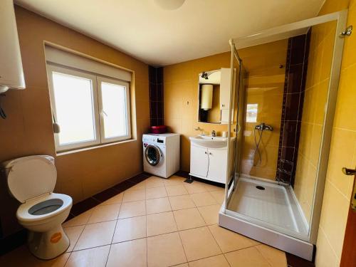a bathroom with a toilet and a shower and a sink at Bird House in Krimovice