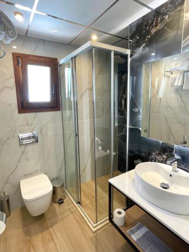 a bathroom with a shower and a toilet and a sink at Olympic Apartments in Parga