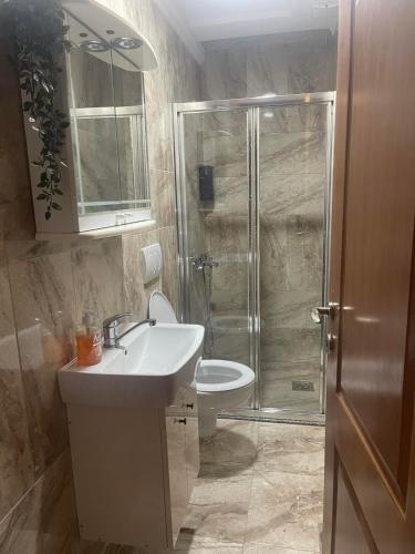 a bathroom with a shower and a sink and a toilet at Urban Boutique Apartments in Bitola