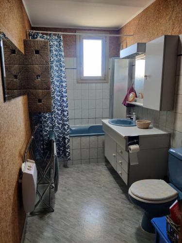 a bathroom with a sink and a toilet and a tub at Au Jardin d'Isa in La Résie-Saint-Martin