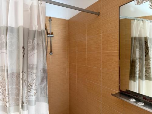 a bathroom with a shower curtain and a television at Plaza Hotel in Hanioti