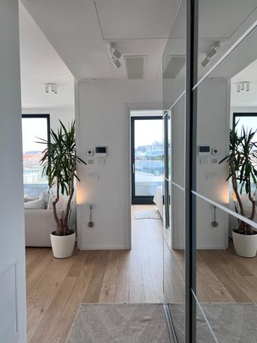 a living room with white walls and potted plants at DeLux Apartment Koper - NEW in Koper
