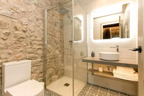 a bathroom with a shower and a toilet and a sink at El Mas de Mateus in Sagás