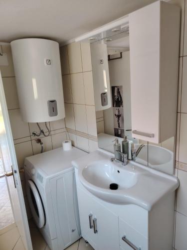 a white bathroom with a sink and a mirror at Apartma Laganini in Bosiljevo