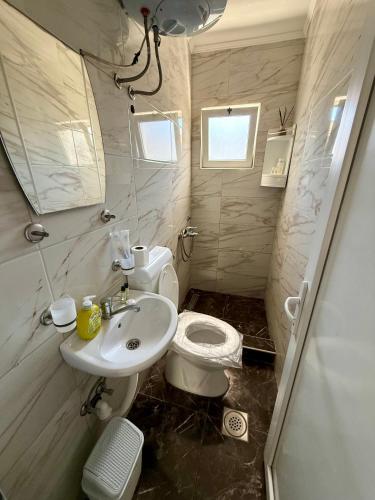 a small bathroom with a toilet and a sink at Guest house, Small beach in Ulcinj