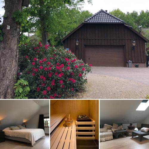 a collage of pictures of a building and flowers at B&B De Drentse Es in Emmen