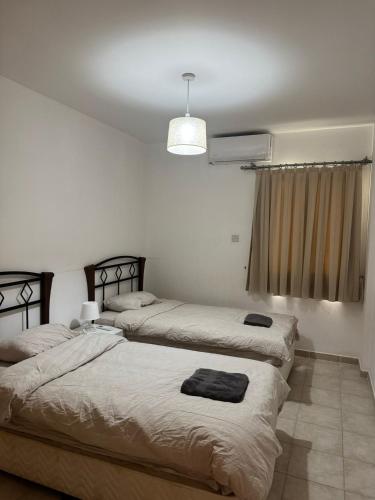 a bedroom with two beds and a pendant light at Sesta Home Cyprus in Kalecik