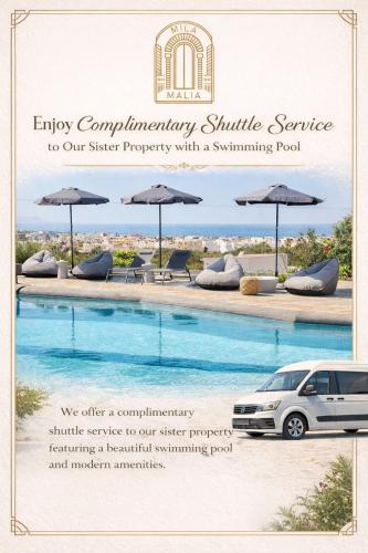 a flyer for a car dealership with a swimming pool at Mila Malia Studios Hotel in Malia