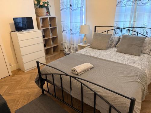 a bedroom with a bed and a television in it at Central Reading Cozy Spacious Room in Reading