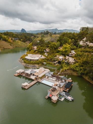an aerial view of a marina on a lake at Atma Villas Hotel Boutique Guatapé in Guatapé