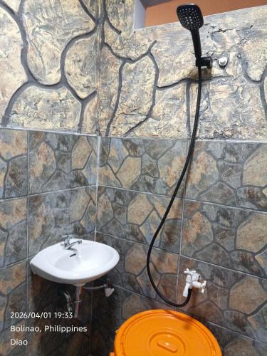a bathroom with a sink and a toilet and a shower at Farmhouse With Ocean View in Bolinao