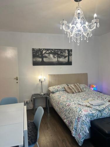 a bedroom with a bed and a chandelier at Spacious apartment - 1 fluffy dog lives on site in Brighton & Hove