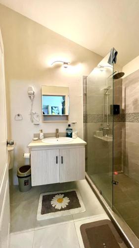 a bathroom with a sink and a shower at Coral Cove Oasis in Discovery Bay