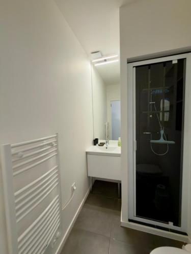 a bathroom with a sink and a toilet and a mirror at Magnifique vue mer - 2 pièces climatisé avec terrasse à Cap Estérel in Saint-Raphaël