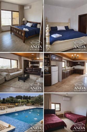 a collage of pictures of a bedroom and a pool at ANDA villa&Farm in Amman