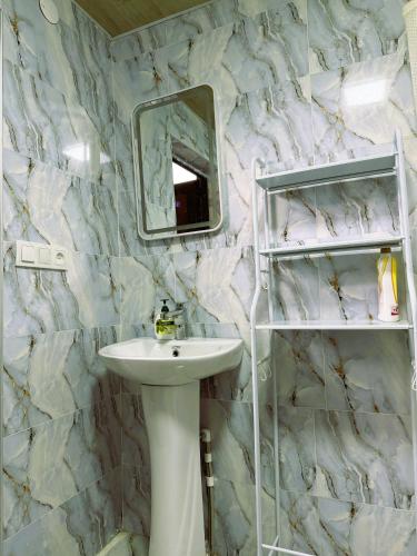 a bathroom with a sink and a mirror at racha cozy cottage in Ambrolauri