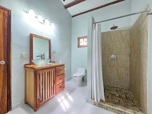 a bathroom with a sink and a shower and a toilet at Vacation Home in Pedasí Town