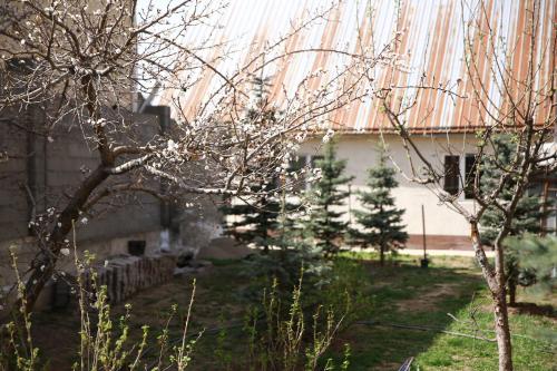 a building with an orange roof and some trees at Central Guest House Karakol in Karakol