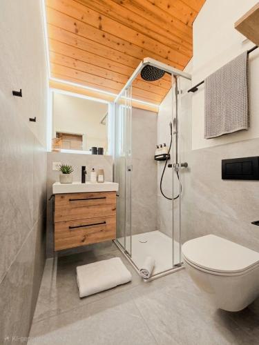 ein Badezimmer mit Dusche und Toilette in der Unterkunft Sunsethüsli in Därligen