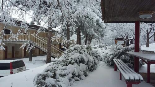 a snow covered park with a bench and a tree at Odzun Hotel in Alaverdi