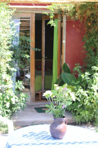 a vase sitting on a table in a garden at Alojamiento Rural Casa Quinta Peumayen in Isla de Maipo