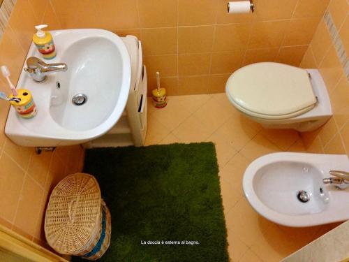 a bathroom with a sink and a toilet and a green rug at Bungalow Fatamorgana in Pulsano