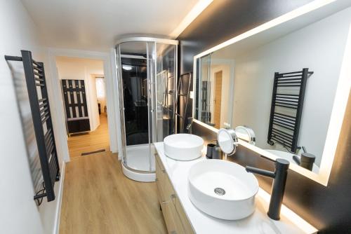 a bathroom with a white sink and a mirror at Appartement rénové avec parking quartier historique in Bordeaux