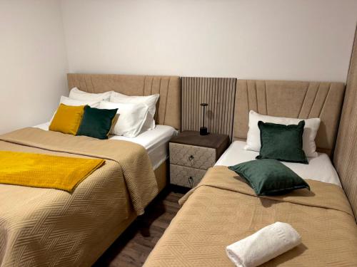 two beds sitting next to each other in a room at Apartmani Vučinić in Cetinje