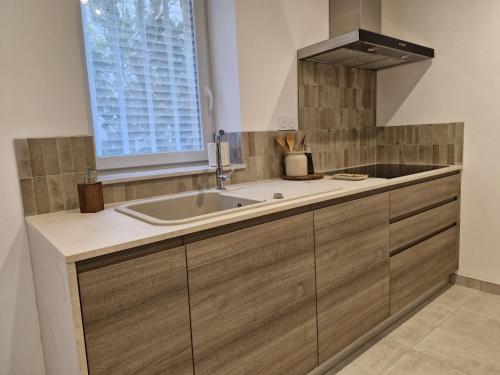a kitchen with a sink and a window at La place in Pont-de-Vaux