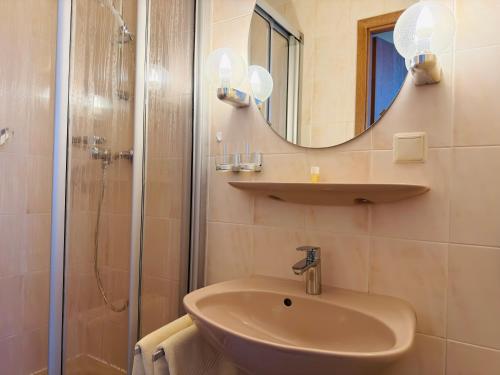 a bathroom with a sink and a shower with a mirror at Hotel Drei Rosen in Borna