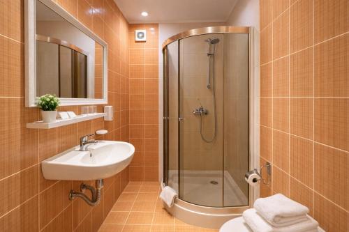 a bathroom with a shower and a sink at Gusarskiy Hotel and Apartment in Kyiv
