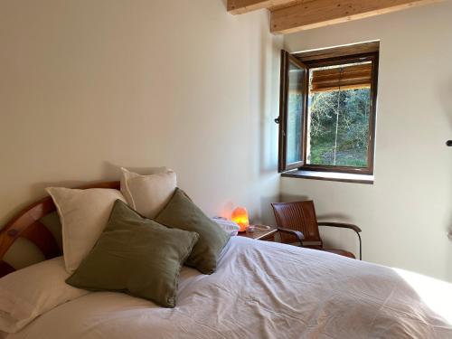 a bedroom with a bed with pillows and a window at Mas Casalprim in Sant Feliu de Pallerols