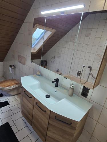 a bathroom with a sink and a mirror and a toilet at Ferienwohnung Moselherz in Monzelfeld