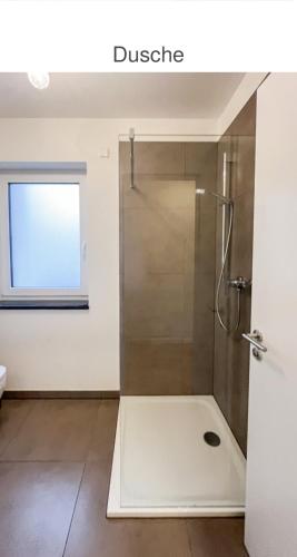 a bathroom with a shower with a glass door at Suite Fortuna in Mainz-Kostheim