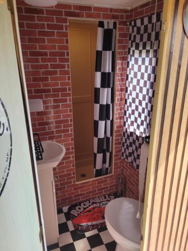 a bathroom with a toilet and a sink at Mobilhome Apartments in Bechhofen