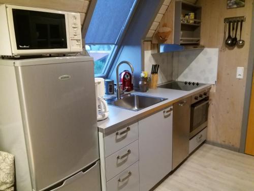 a small kitchen with a refrigerator and a microwave at Fräulein Emma Lotta in Kronsgaard