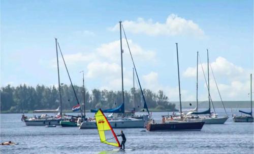 a person windsurfing in a body of water with boats at Ferienhaus Chalet Spaciosa Lauwersmeer in Lauwersoog