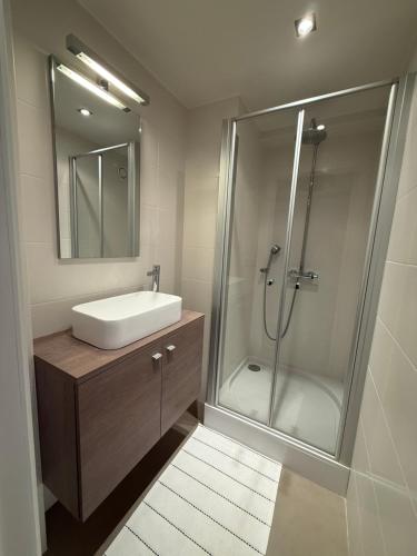 a bathroom with a sink and a shower with a mirror at Zeezicht Rubensplein - 3slpk - gratis parking in Knokke-Heist