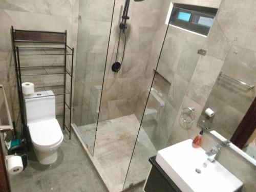a bathroom with a shower and a toilet and a sink at Condo arrosito village in Tangolunda
