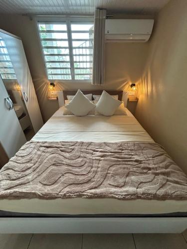 a bedroom with a large bed with two pillows at Le Papillon in Le Moule