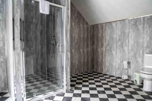 a bathroom with a shower and a checkered floor at Harbour Heights B&B in Portrush