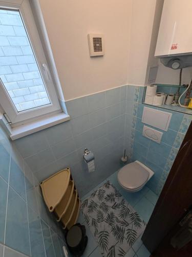 a small bathroom with a toilet and a window at Apartmán pod Čebraťom in Ružomberok