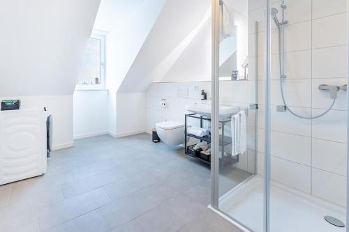 a bathroom with a shower and a sink and a toilet at Tonirooms 3-Zimmer Buntspecht in Straubing