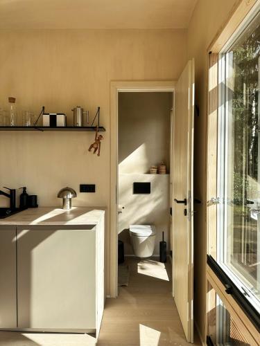 a bathroom with a sink and a toilet in it at Tiny House 2 mit Garten in der Lüneburger Heide in Soltau