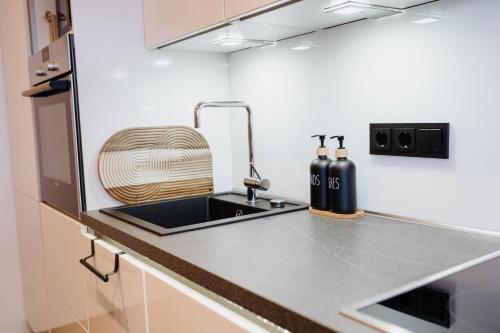 a kitchen counter with a sink in a kitchen at Garden Spa Suite - Private Sauna & Whirlpool in Betzdorf