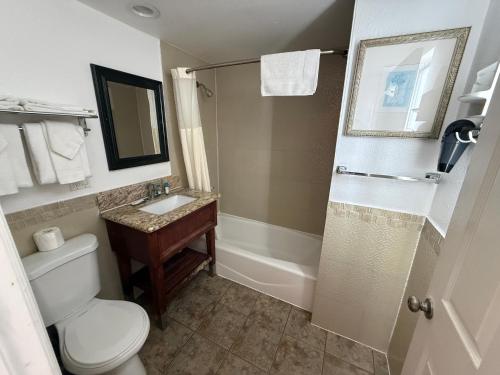 a bathroom with a shower and a toilet and a sink at Bayshore Inn Ventura in Ventura