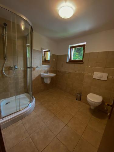 a bathroom with a shower and a toilet and a sink at Panorama Pietrei Craiului in Zărneşti