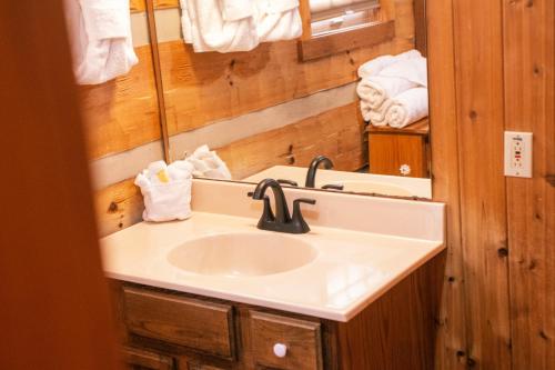 a bathroom with a sink and a mirror at Mountain Hideaway in Sevierville