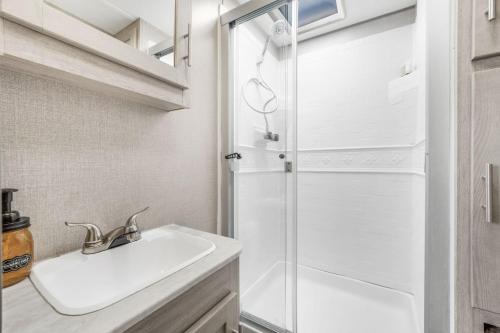 a bathroom with a sink and a shower at De Anza Springs Resort in Titus