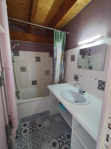 a bathroom with a sink and a bath tub at Le Doux Refuge in Ustou